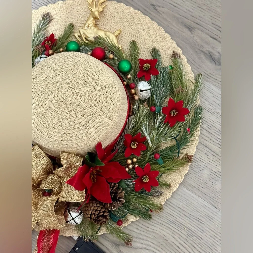 Handmade Christmas Straw Hat Wreath! Holidays decor Crafted From Scratch! Lights